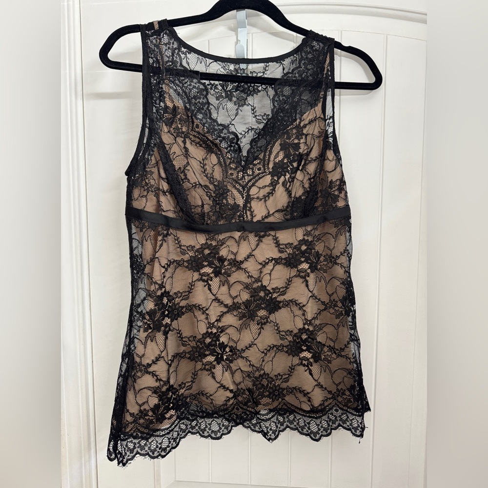 Black floral over lace nude color lining v neck top